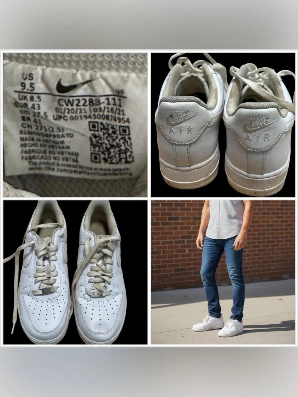 Men’s Nike Air Force AF1 Size 9.5 Swoosh Leather Shoe Sneaker Triple White Low